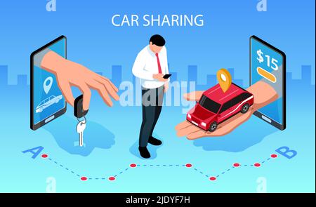 Car sharing horizontal isometric composition with mobile smartphone apps handing over vehicle key to customer vector illustration Stock Vector