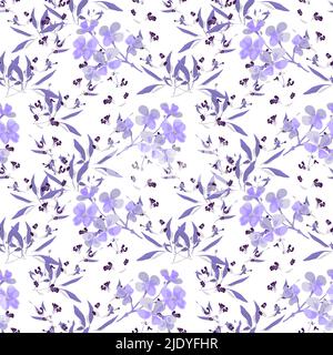 Vector floral seamless pattern. Purple flowers and twigs on a white background. Stock Vector