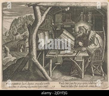 Evagrius Ponticus as Hermit, Male Hermits (series title), Solitudo Sive Vitae Patrum Eremicolarum (series title), St. Evagrius Ponticus as Hermit in a hut. He is sitting in front of his writing table, reading a book. In the background other hermits. Numbered bottom center: 19; numbered bottom right: 3., print maker: Monogrammist NB (graveur), after print by: Johann Sadeler (I), after print by: Raphaël Sadeler (I), Antwerp, 1606, paper, engraving, height 149 mm × width 186 mm Stock Photo