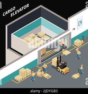 Isometric composition with workers loading cargo into big elevator 3d vector illustration Stock Vector