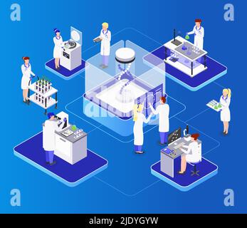 GMO bio engineering isometric composition with biochemical laboratory organisms dna manipulation improving their nutrition value vector illustration Stock Vector