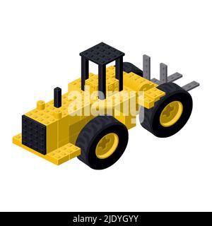 Bright bulldozer assembled from plastic blocks in isometric style for print, design and children's games. Vector illustration. Stock Vector