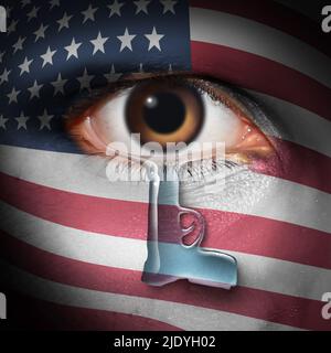 Guns In The United States as gun crime tragedy as an American crying with atear shaped as a firearm. Stock Photo