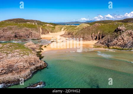 Aerial view of the Murder Hole beach, officially called Boyeghether Bay in County Donegal, Ireland. Stock Photo