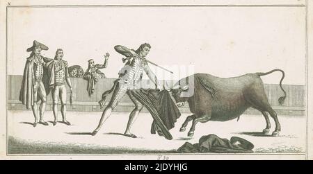 Matador challenges a bull, Coleccion de las principales suertes de una corrida de toros (series title on object), Collection of the main maneuvers in bullfighting (series title), A matador stands before a bull, in his hands a cloth and a sword. Two other bullfighters (toreros) look on. Numbered upper left: X., print maker: anonymous, after print by: Antonio Carnicero, Spain, in or after 1790, paper, etching, height 150 mm × width 290 mm Stock Photo