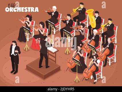 Classical music orchestra isometric composition with singer conductor directing performance violin cello tuba bass players vector illustration Stock Vector