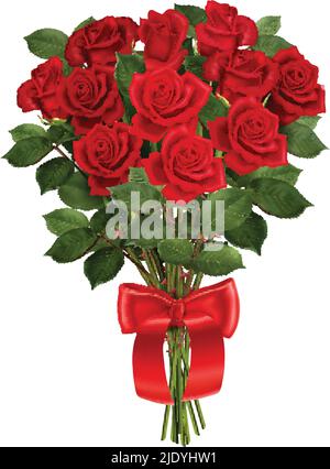 Bunch of red roses with ribbon realistic composition on white ...