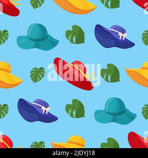 Bbeautiful women's summer hats seamless pattern. Stylish summer female headwear. A fashion accessory for a vacation at sea in hot countries. Flat Stock Vector