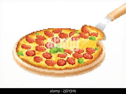 Hot pizza with piece on board realistic composition with images of round wooden carving board with pizza vector illustration Stock Vector