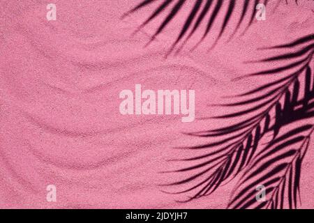Pink sand texture. Sandy beach with palm shadow for product background. Top view Stock Photo