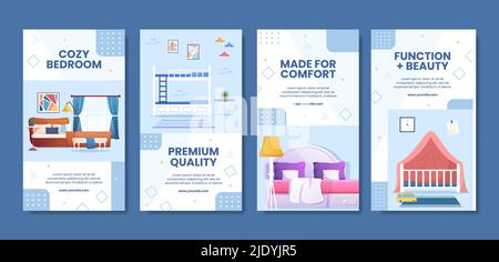 Bedroom Interior Social Media Stories Template Flat Cartoon Background Vector Illustration Stock Vector