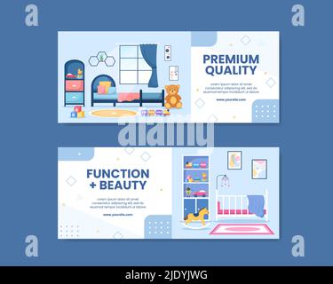 Bedroom Interior Social Media Banner Template Flat Cartoon Background Vector Illustration Stock Vector