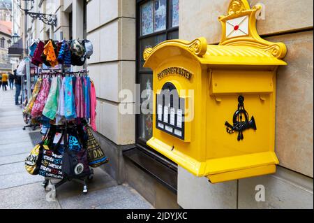 German Post box and souvenir store in the city center, Dresden Stock Photo