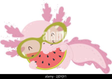 Cute Clipart Axolotl Illustration in Cartoon Style. Cartoon Clip Art Axolotl with Watermelon Wedge. Vector Illustration of an Animal for Stickers Stock Vector