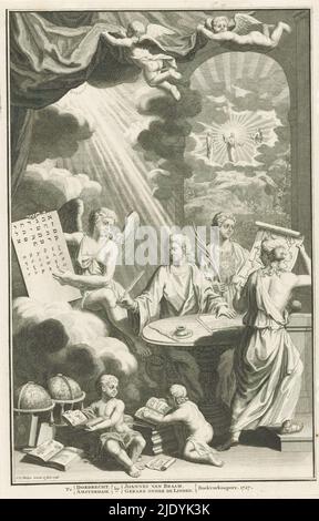 Writer studies history of Israel, A writer sits behind his writing desk with quill and paper, looking toward an angel who shows him a tablet with Hebrew and Greek script. On the right stands Truth with sun on chest and a woman seen from the back shows a map of Israel. In the foreground itten putti with books on animals and plants next to two globes. The writer is illuminated by rays of light from the upper left corner revealed by two putti lifting a drapery. To the right in the background a vista towards Christ in halo on a mountain accompanied by (possibly) Moses and Elijah., print maker: Jan Stock Photo