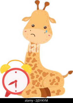 Cute Clipart Giraffe Illustration in Cartoon Style. Cartoon Clip Art Sad Giraffe with an Alarm Clock. Vector Illustration of an School Animal for Stock Vector