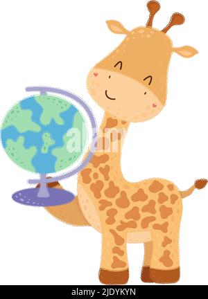 Giraffe Clipart in Cute Cartoon Style Beautiful Clip Art Giraffe with Globe. Vector Illustration of an School Animal for Prints for Clothes, Stickers Stock Vector