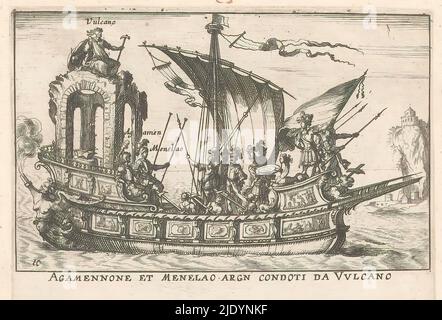 Ship with Agamemnon, Menelaus and Vulcan, Agamennone et Menelao argn condoti da Vulcano (title on object), Argonauts ships for battle on the Arno during the wedding feast of Cosimo II de' Medici at Florence in 1608 (series title), Le Magnifique Carousel fait sur le fleuve de l'Arne à Florence pour le Mariage du grand Duc (series title), A ship with sails, on the stern are Agamemnon and Menelaus and Vulcan is seated on a bow., print maker: anonymous, after print by: Remigio Cantagallina, after design by: Giulio Parigi, Paris, 1624 - 1631, paper, etching, height 90 mm × width 128 mm Stock Photo