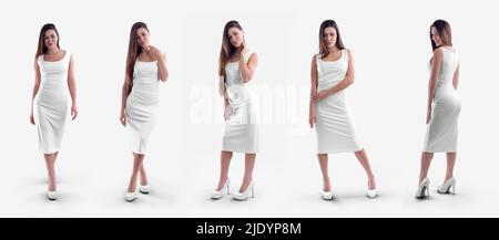 Blank white tight dress mockup on slim girl isolated on background, set, front, back view. Template of a fashionable sundress on a model, for design, Stock Photo