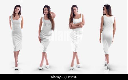 Mockup of an empty white tight knee-length dress, on a slim girl isolated on background, front, back. Set. Template of a fashion sundress on a model, Stock Photo