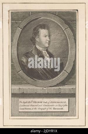 Portrait of George Keppel, Earl of Albemarle, Portrait of George Keppel in an oval frame. In a frame his name and titles., print maker: anonymous, 1762 - 1849, paper, engraving, height 172 mm × width 107 mm Stock Photo
