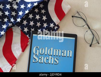 In this photo illustration Goldman Sachs Group logo seen displayed on a tablet Stock Photo