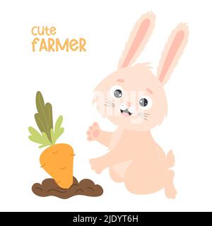 Cute farmer. Happy rabbit in garden bed with carrots. Harvesting, funny farmer. Vector illustration for kids collection, postcards, design and decorat Stock Vector