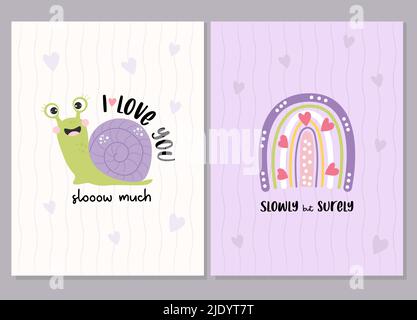Postcard set with cute happy snail - I love you slooow much. And decorative rainbow with text - slowly but surely. Vector illustration. Funny cards fo Stock Vector