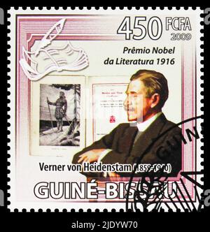 MOSCOW, RUSSIA - JUNE 17, 2022: Postage stamp printed in Guinea-Bissau shows Verner von Heidenstam, Nobel Prize serie, circa 2009 Stock Photo