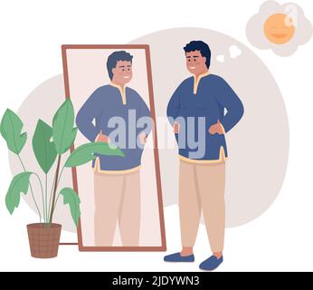 Happy man with overweight near mirror 2D vector isolated illustration Stock Vector