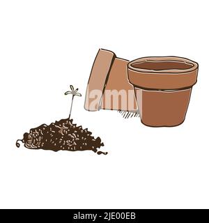Flower pots prepared for planting, a small sprout of plant on a hill of soil, vector illustration isolated on a white background Stock Vector
