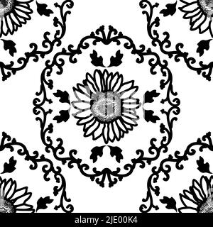 Seamless pattern with ornament and flowers. Floral black and white vintage pattern. Vector illustration. For fabric, tiles, wallpaper or packaging.  Stock Vector