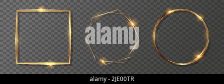 Three round and square gold frames on a transparent background. Set of decorative vector borders made of gold. Stock Vector