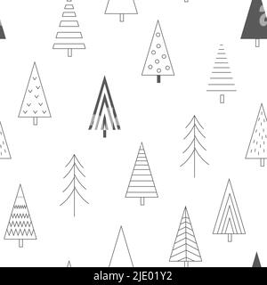 Xmas trees seamless pattern. Scandinavian winter background with abstract pine trees. Vector outline illustration Stock Vector