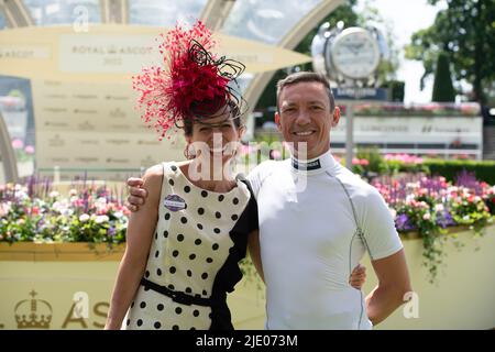 Ascot, Berkshire, UK. 17th June, 2022. Liz Ampairee has a photo with jockey Frankie Dettori at Royal Ascot. Credit: Maureen McLean/Alamy Stock Photo