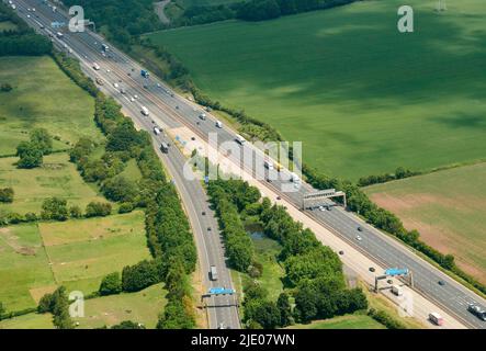 An aerial view of the junction where the new A1 Motorway, Aberford west Yorkshire, UK, meets the M1 coming up from the south of Leeds Stock Photo