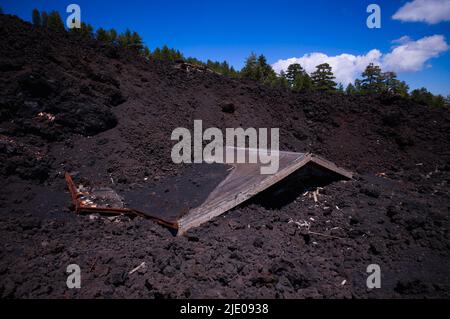 Hotel Le Betulle, Piano Provenzana Etna North, Etna volcano, Sicily, Italy, destroyed by eruption in 2002 Stock Photo