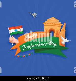 Happy Independence Day Ribbon Text With India Gate, Qutub Minar Monument, Hand Holding India Flag, Pigeon, Fighter Jet On Blue Rays Background. Stock Vector