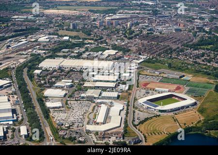 An aerial view of the Keepmoat Stadium, home of Doncaster Rovers, City of Doncaster, South Yorkshire, Northern England, UK Stock Photo