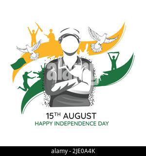 15th August Happy Independence Day Concept With Faceless Army Man Character, Flying Pigeon, Silhouette Soldiers And Brush Effect On White Background. Stock Vector