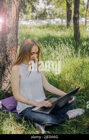 On the banner, a young girl works with a laptop in the fresh air in the park, sitting on the lawn. The concept of remote work. Work as a freelancer. T Stock Photo