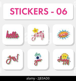Sticker Style Hello, Never Give Up, Smiley Flower, Comic Boom, Yes!, See You, Eye, Be Happy, Sun On White Background. Stock Vector