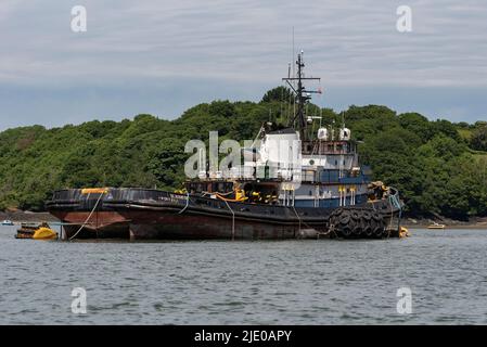 Cornwall, England, UK. 2022. The Gladiator built 1975 538 tons, a tug boat laid up on the River Fal in Cornwall, UK Stock Photo