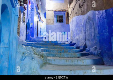 Stairs in the alleys of Chefchaouen by night Stock Photo