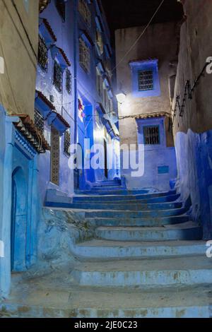 Stairs in the alleys of Chefchaouen by night Stock Photo
