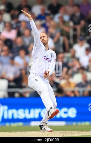 Leeds, UK. 24th June, 2022. Jack Leach of England delivers the ball Credit: News Images /Alamy Live News Stock Photo