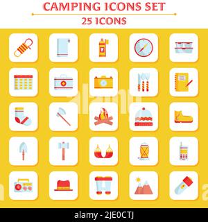 Yellow And Red Illustration Of Camping Icon Set In Flat Style. Stock Vector
