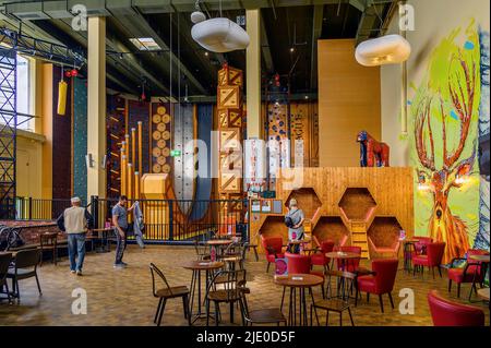 Climbing walls, climbing arena and cafe, Center Parcs, park near Leutkirch, Allgaeu, Baden-Wuerttemberg, Germany Stock Photo