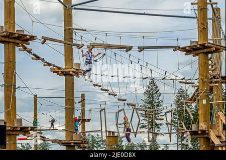 Climbing park, Center Parcs, Park near Leutkirch, Allgaeu, Baden-Wuerttemberg, Germany Stock Photo