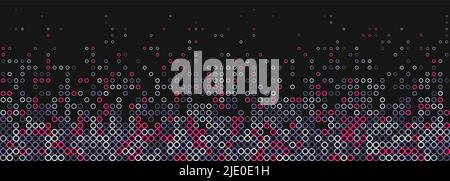 Modern halftone circles horizontal panoramic background, bottom frame with copy space. Frame from pink, purple, violet color circles on dark Stock Vector